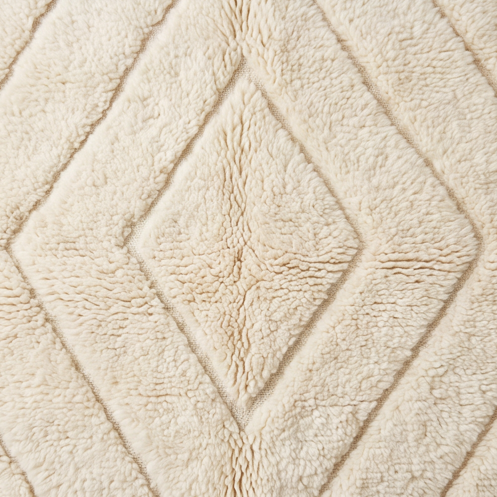 Gros plan sur la laine et le motif losanges concentriques en relief du tapis Béni Ouarain