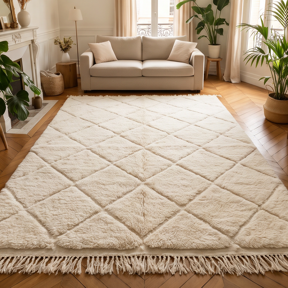 Tapis Béni Ouarain écru et beige à petit quadrillage de losanges dans un salon