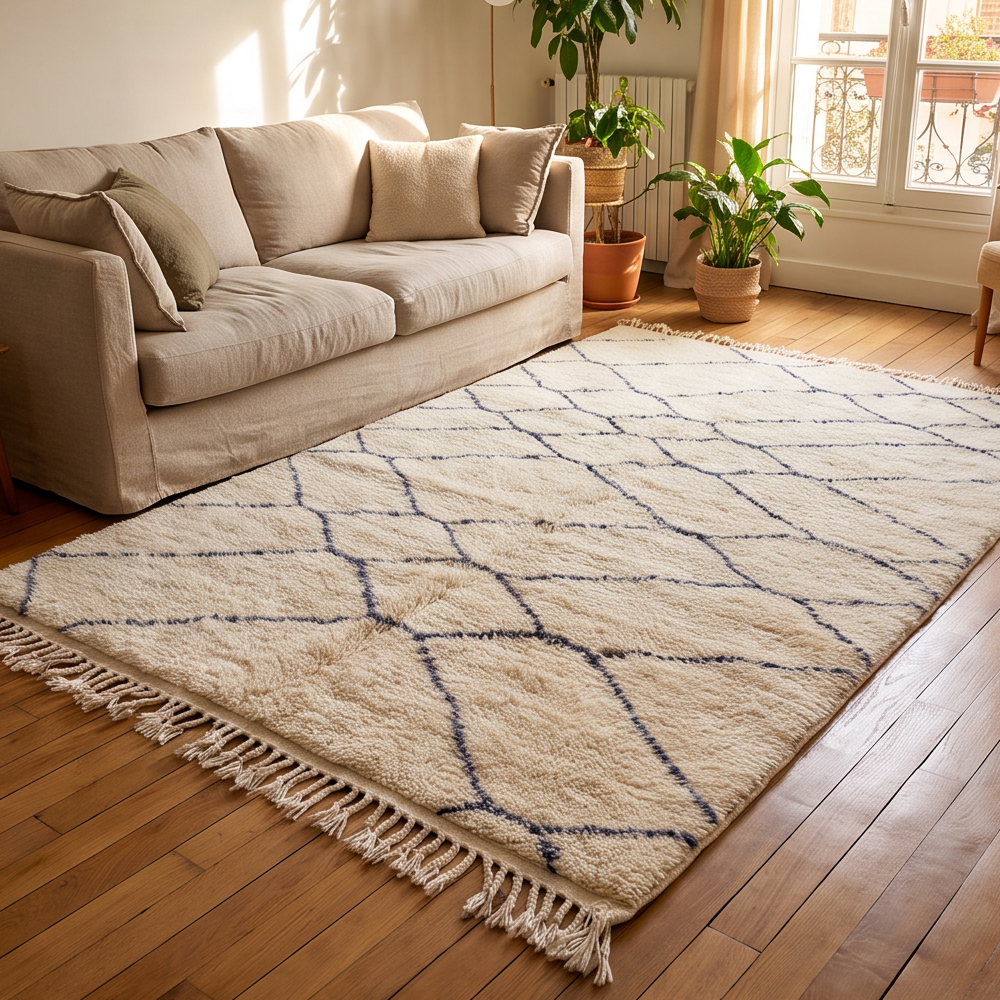 Tapis Béni Ouarain écru et bleu gris à réseau de losanges bleu gris dans un salon