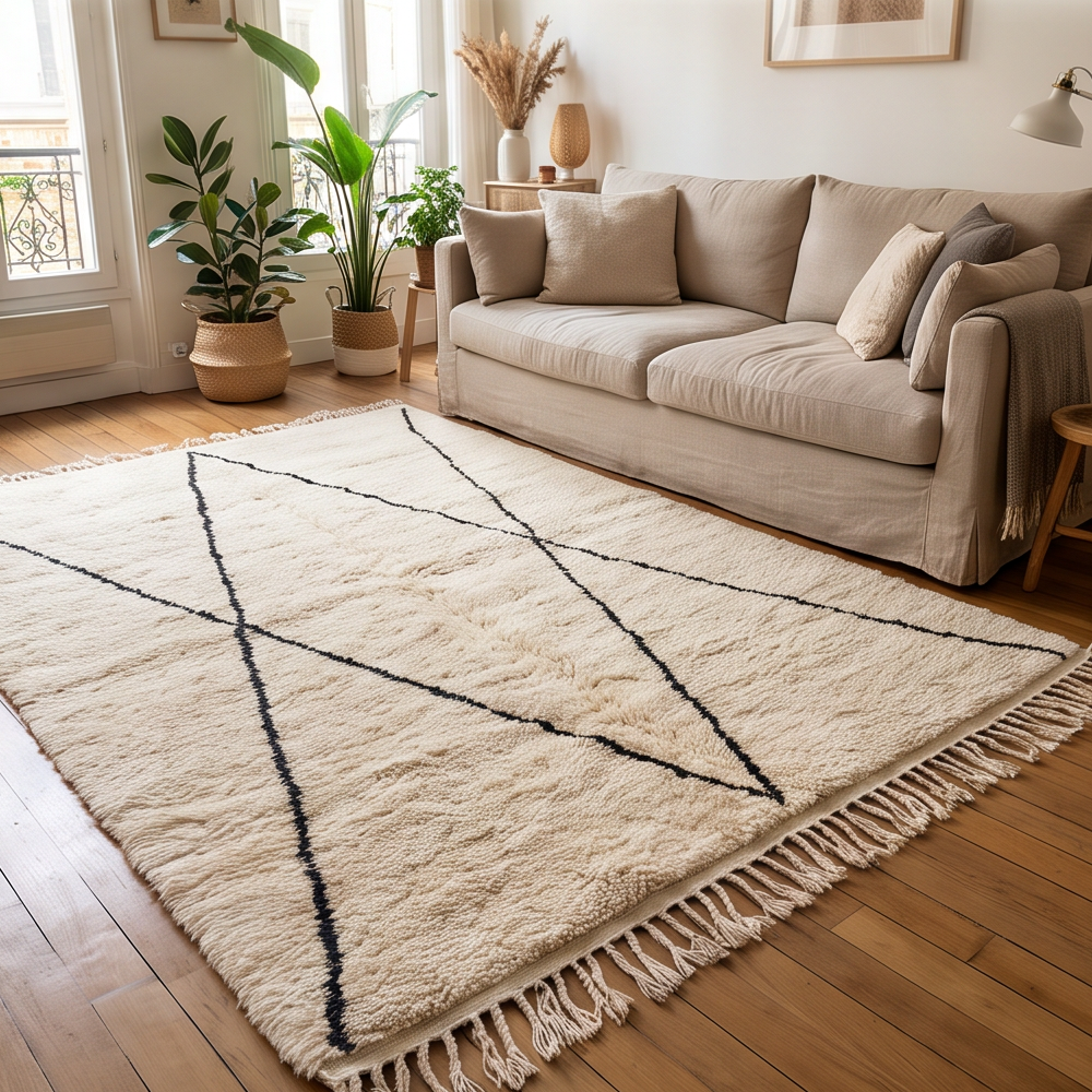 Tapis Béni Ouarain écru et noir à grands losanges noirs allongés dans un salon