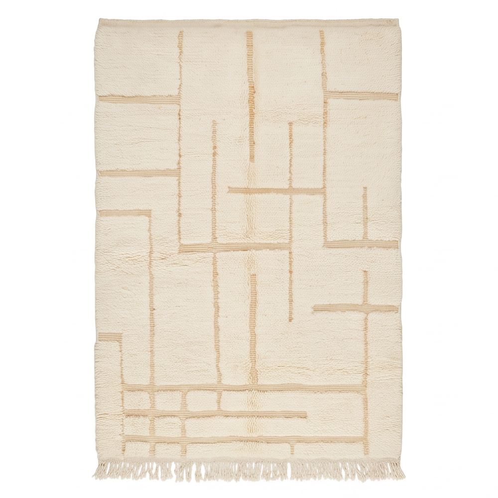 Vue de dessus d’un tapis Béni Ouarain écru à lignes géométriques en relief
