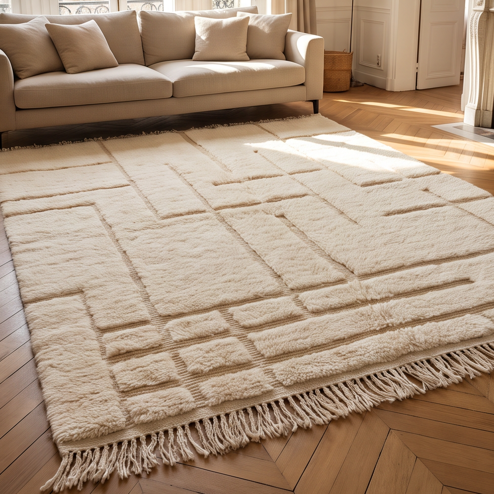 Tapis Béni Ouarain écru à lignes géométriques installé dans un salon lumineux