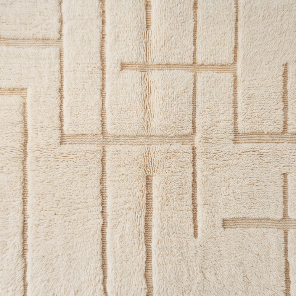 Gros plan sur la laine et les lignes en relief du tapis Béni Ouarain