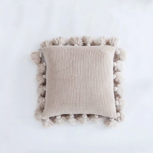 Coussin à Pompons Coloré Bohème - Beige - Coussin