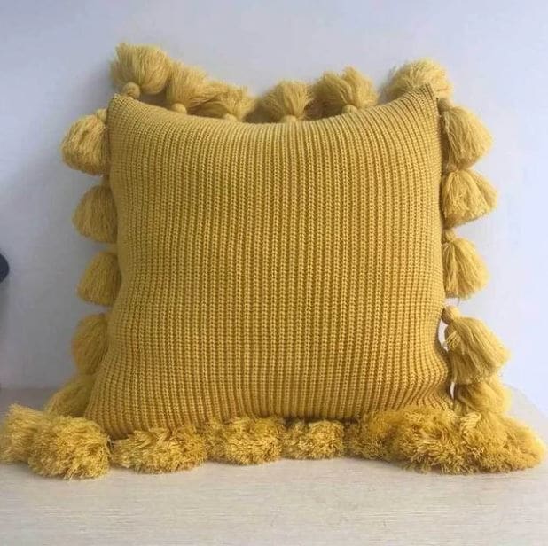 Coussin à Pompons Coloré Bohème - Jaune - Coussin