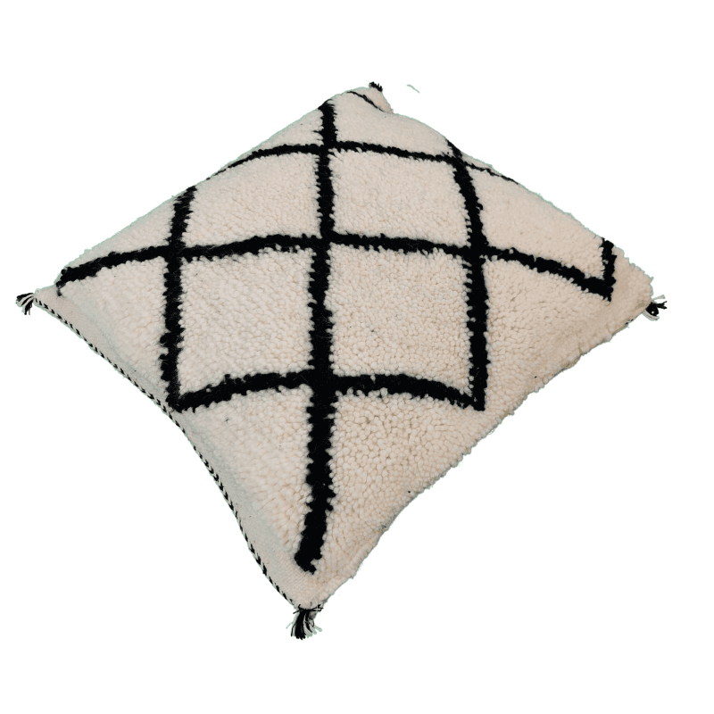 Coussin marocain fait main blanc en laine et motif noir