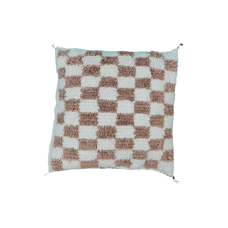 Coussin Beni Ouarain blanc Sépia motif damier fait main