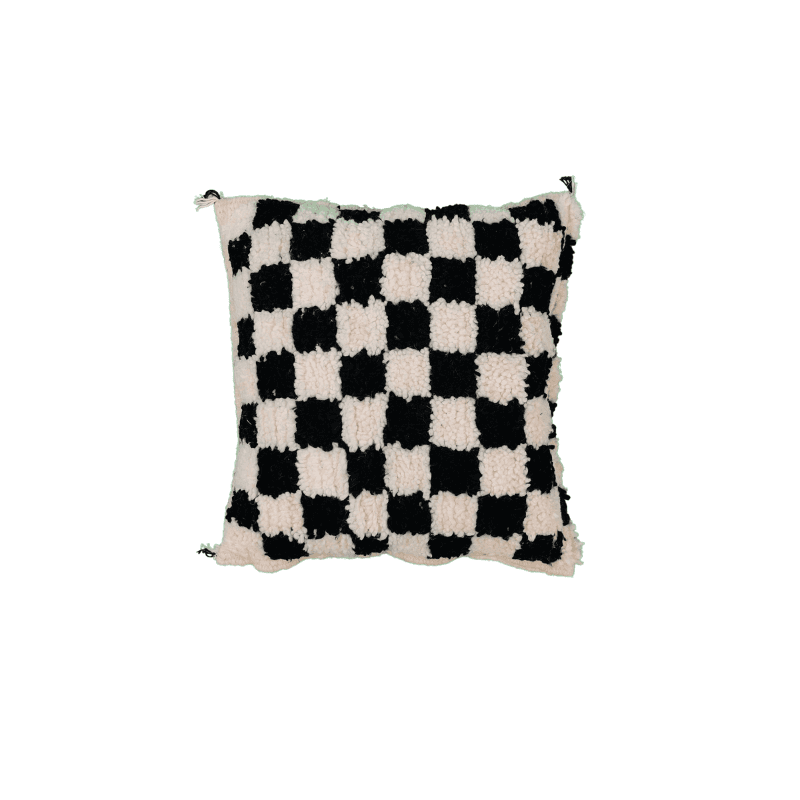 Coussin Béni Ouarain noir de Jais au motif damier boho chic