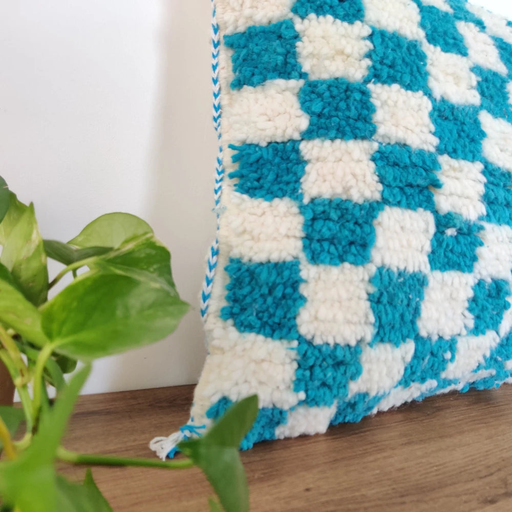 Coussin berbère damier turquoise - MAZIR Décoration