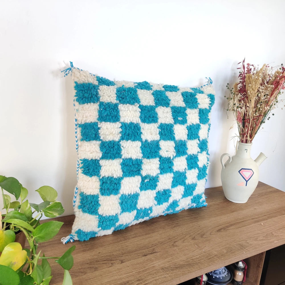 Coussin berbère damier turquoise - MAZIR Décoration