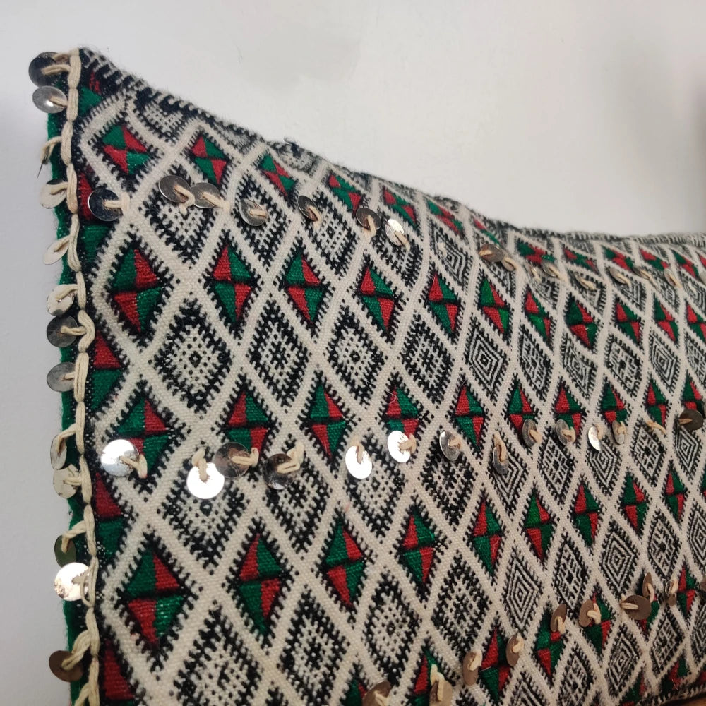 Coussin Berbère Kilim Vintage motifs verts et rouges