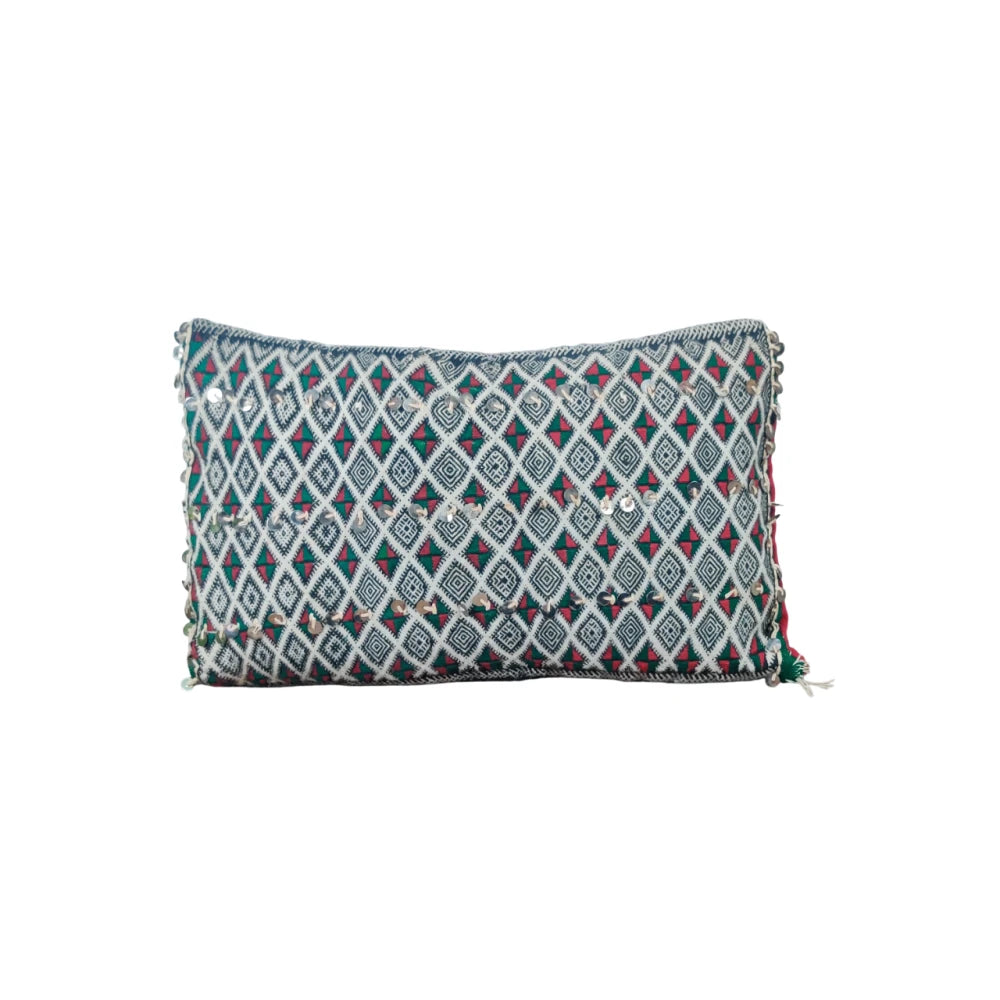 Coussin Berbère Kilim Vintage motifs verts et rouges