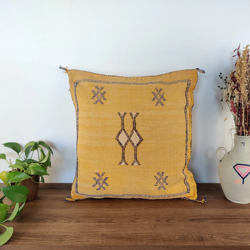 Coussin boheme Jaune en Soie de Cactus - MAZIR Décoration