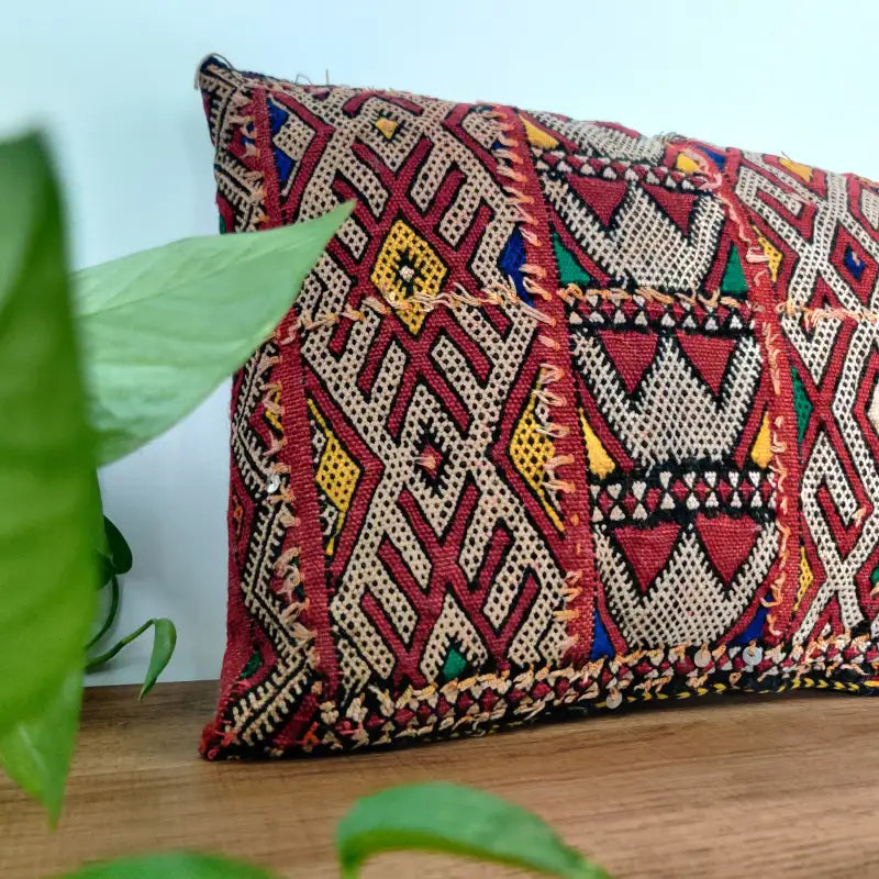 Vue approchée et détaillée du Coussin Kilim Marocain Marron et Rouge