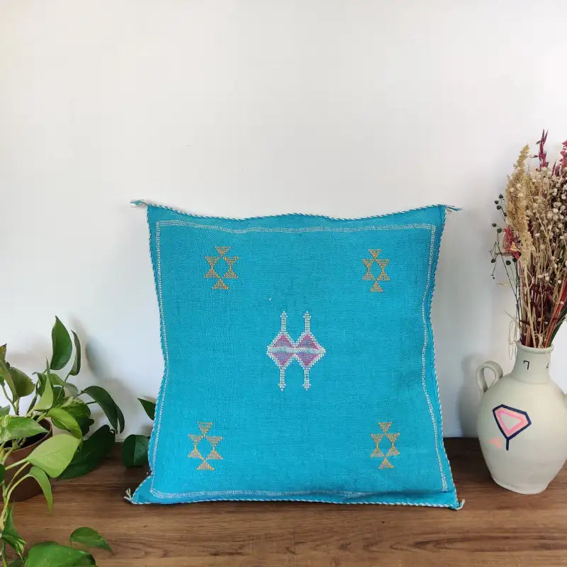 Coussin Marocain Bleu Soie de Cactus fait main