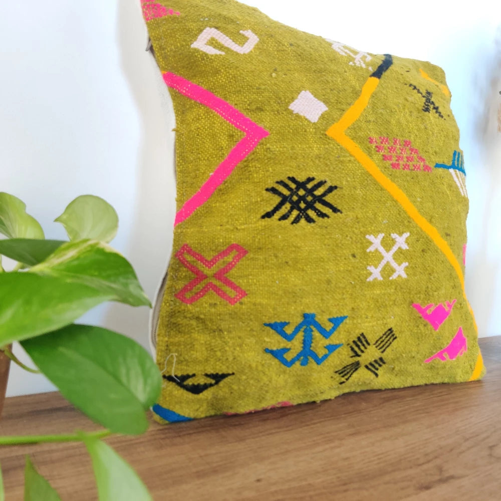 Coussin marocain tribal vert - MAZIR Décoration