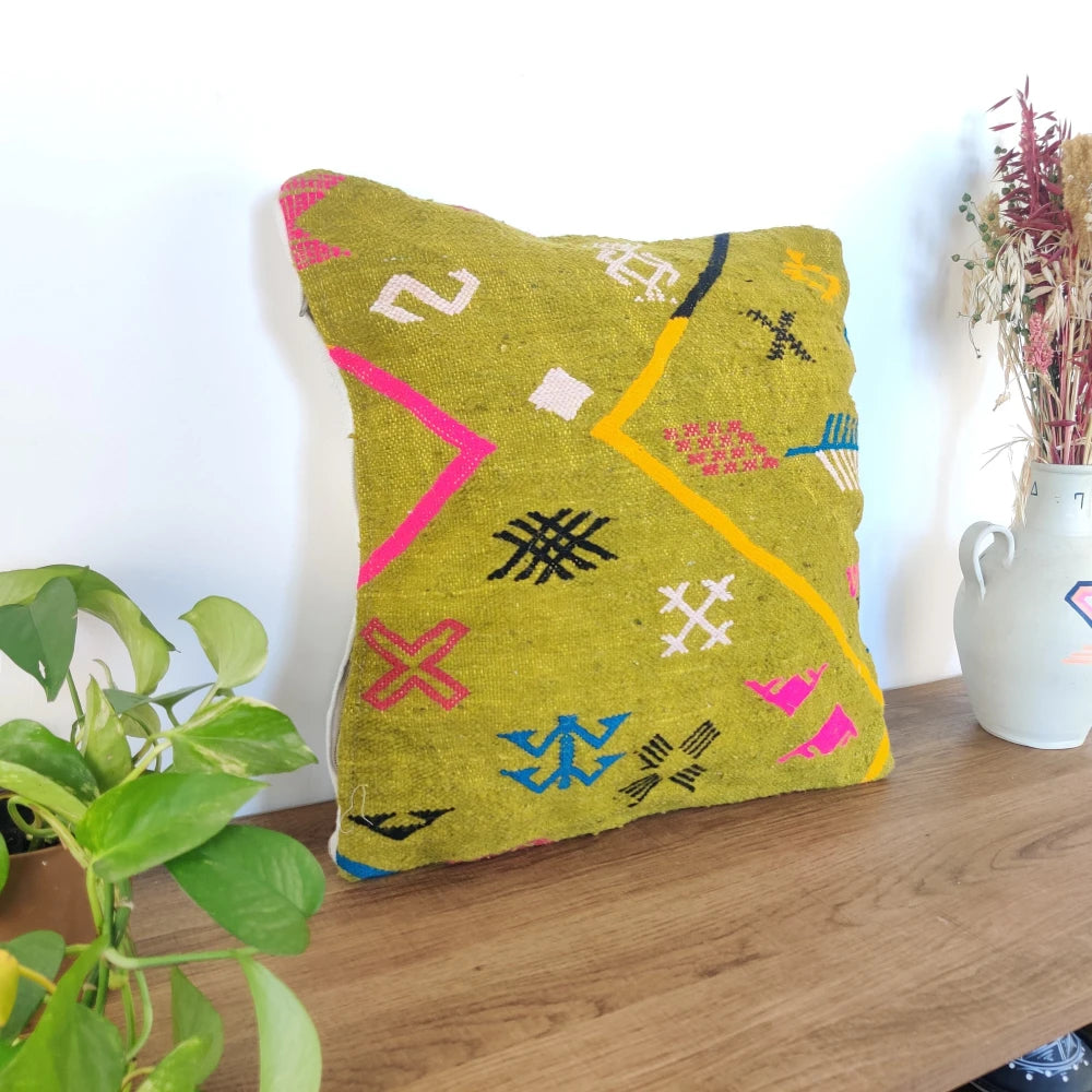 Coussin marocain tribal vert - MAZIR Décoration