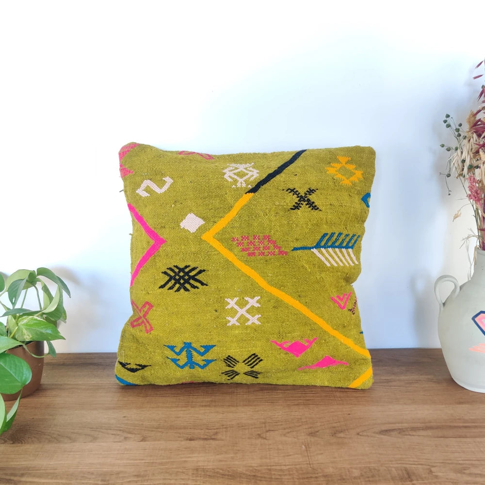 Coussin marocain tribal vert - MAZIR Décoration