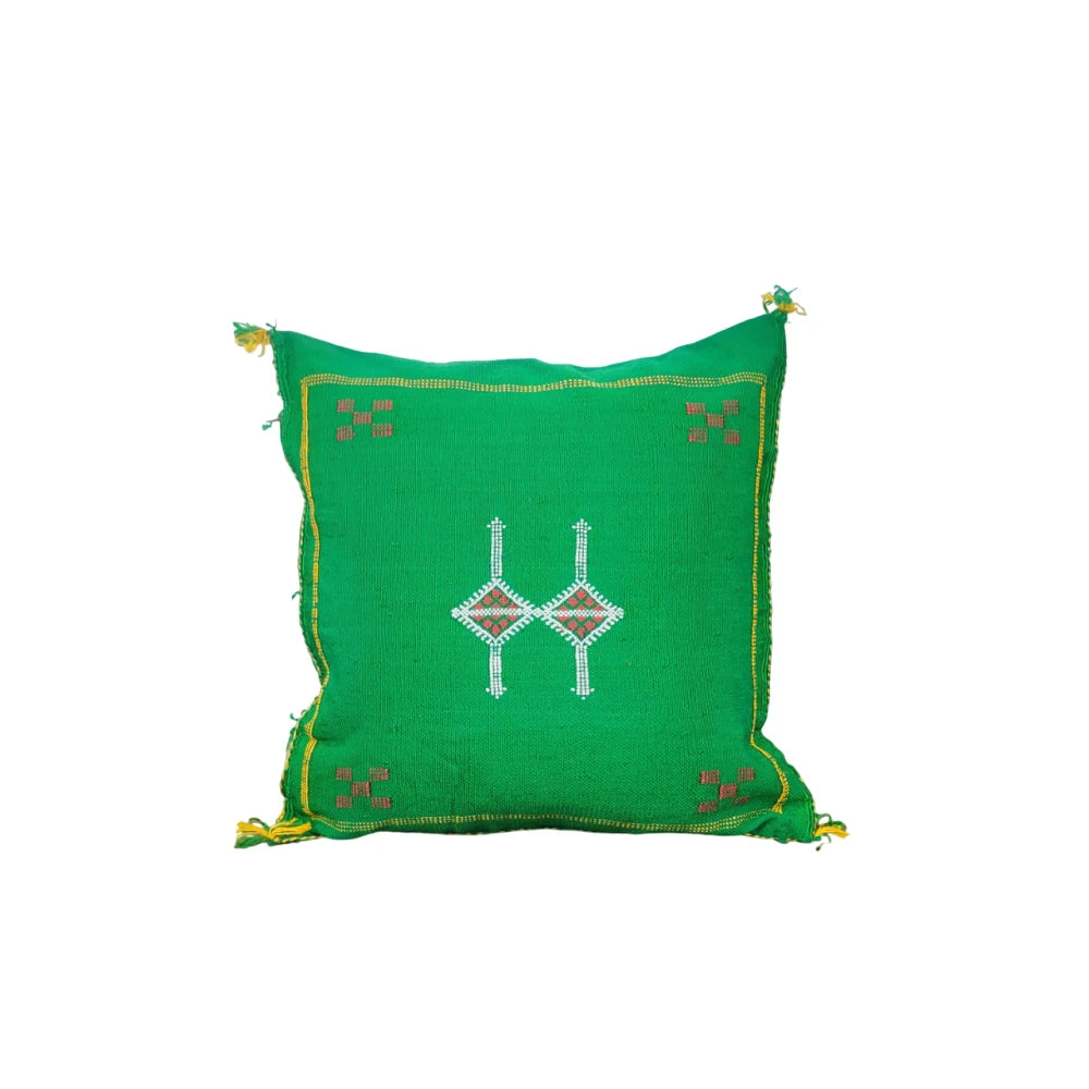 Coussin Sabra Vert bouteille bohème <br> Soie de Cactus
