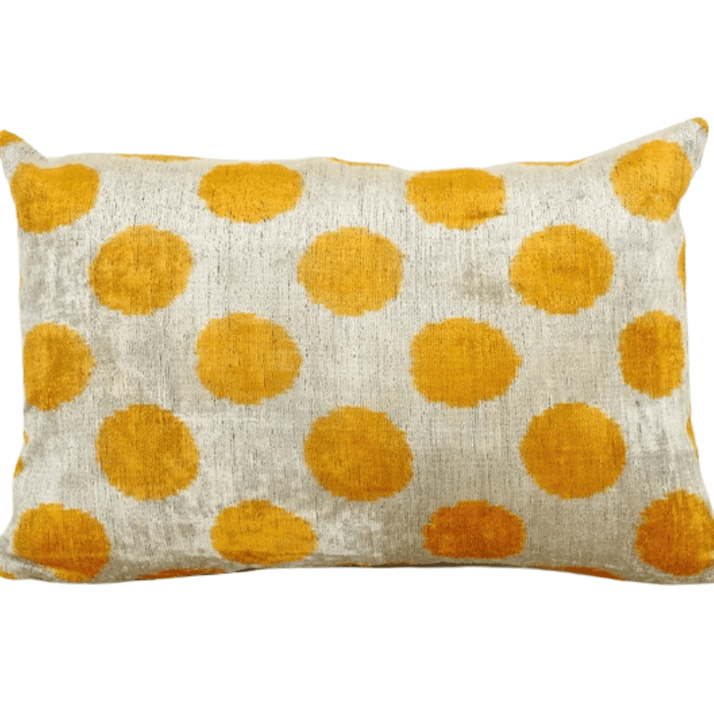 Coussin Ikat blanc motif rond jaune