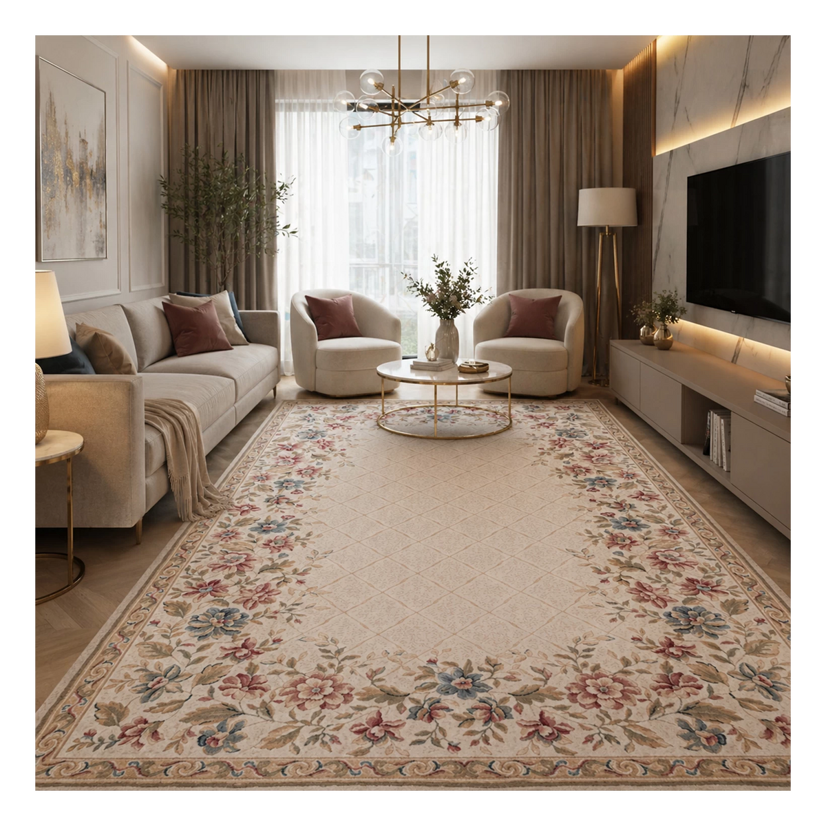 Tapis d'orient crème floral Rose - Laine