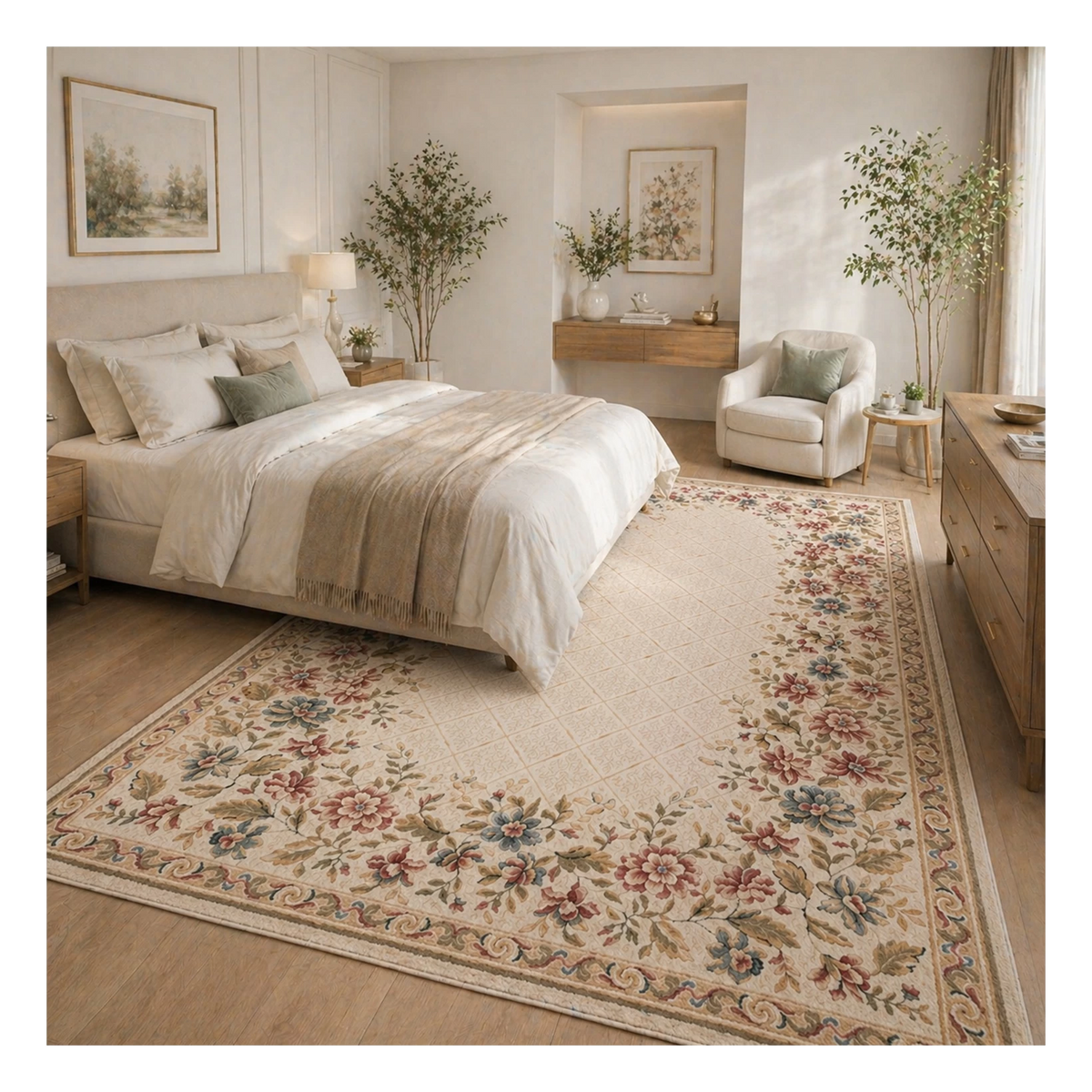 Tapis d'orient crème floral Rose - Laine