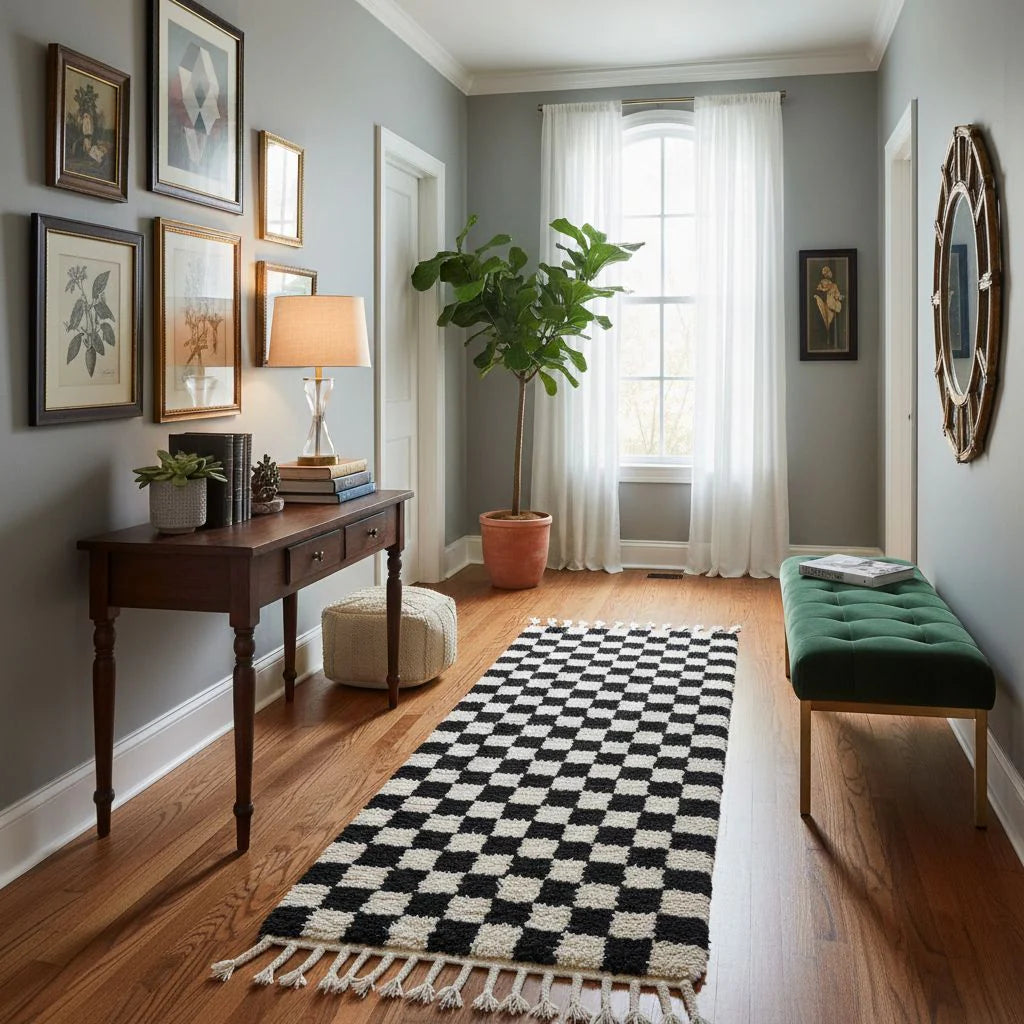 Tapis couloir berbère damier noir - Sur mesure