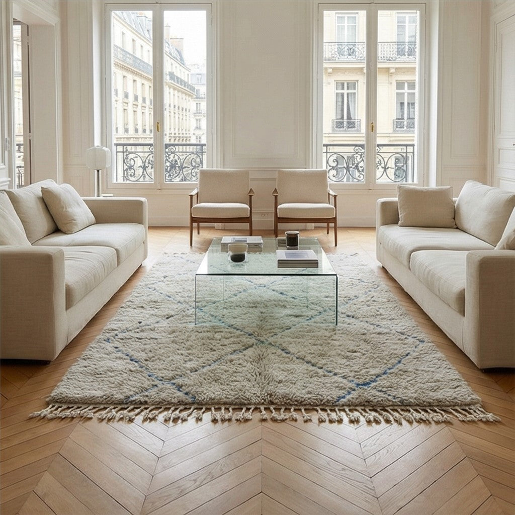 Grand tapis berbère gris à losanges bleus 200x300 cm