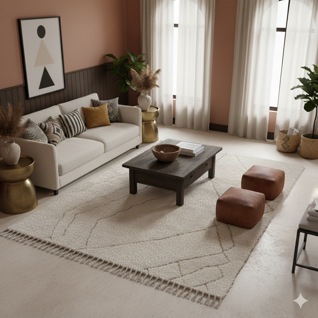 Grand tapis berbère blanc motifs abstraits