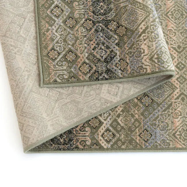 Tapis oriental vert et beige style vintage - Laine