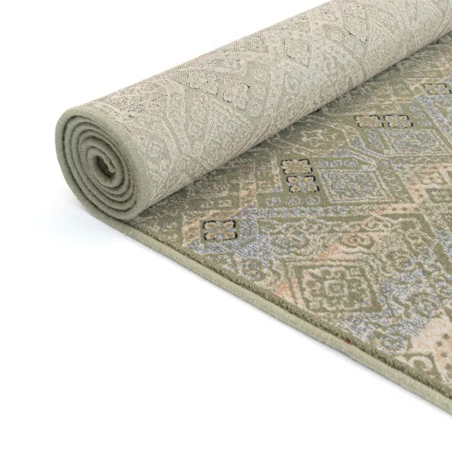 Tapis oriental vert et beige style vintage - Laine