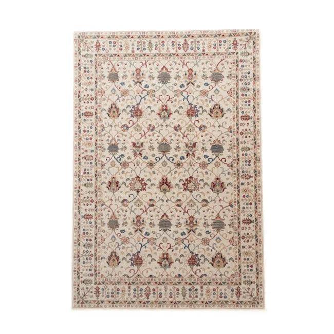 Tapis persan beige en laine, de FAHA, avec un motif floral complexe et des bordures décoratives.
