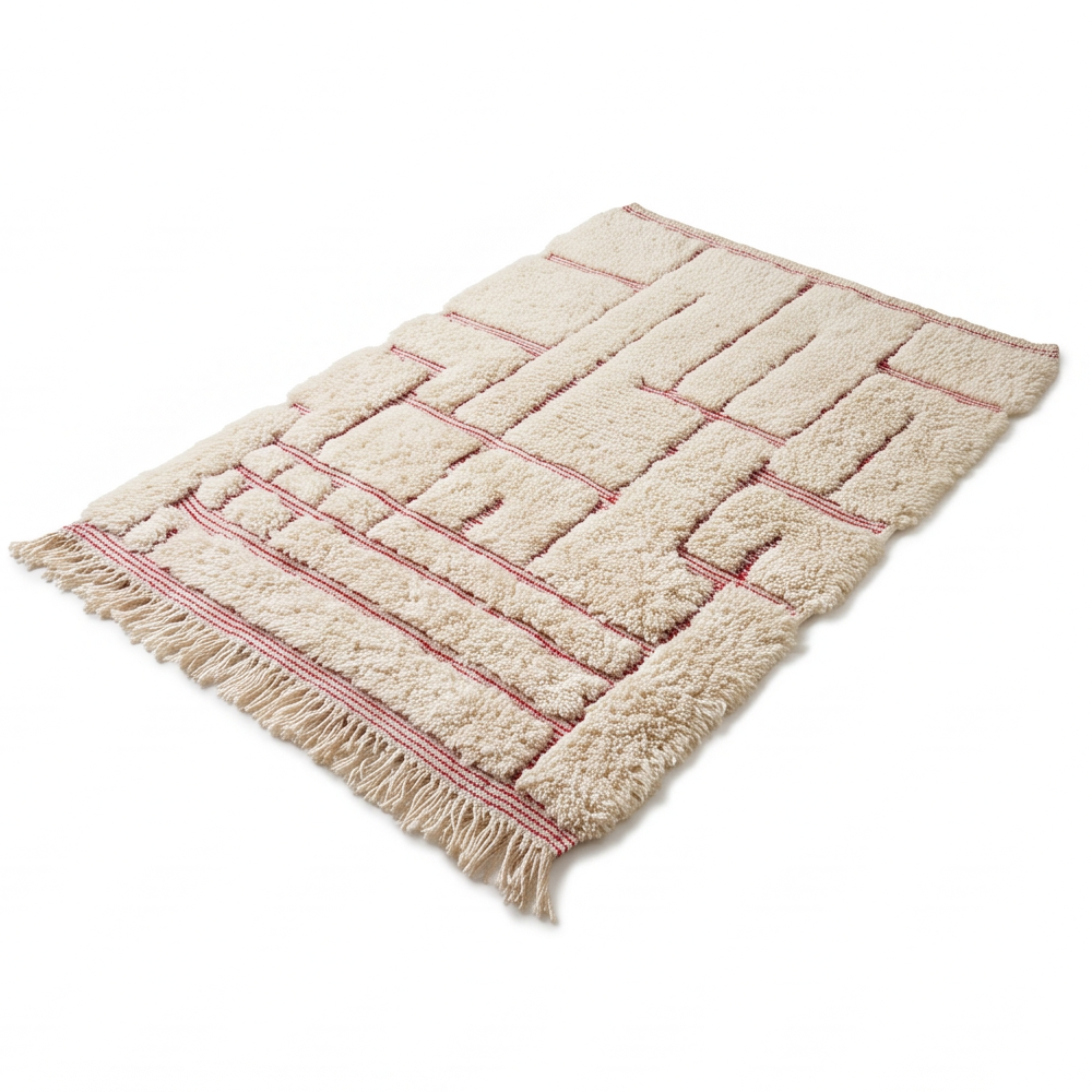 Tapis Béni Ouarain écru à lignes roses, vue rapprochée