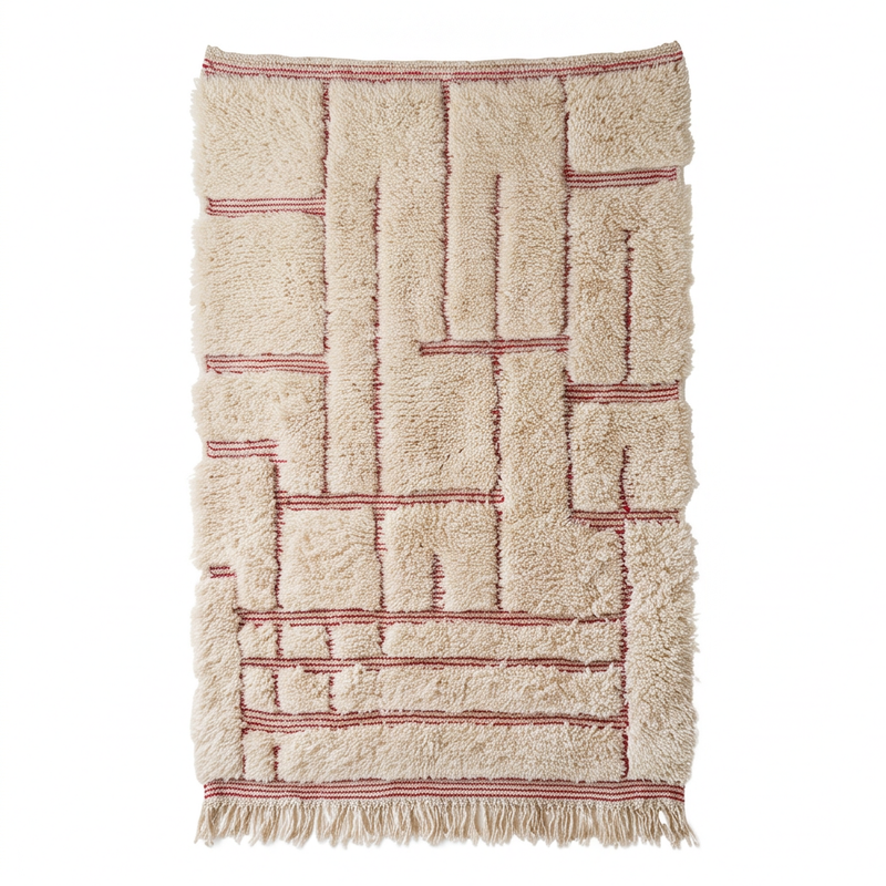 Petit tapis Béni Ouarain écru à motif graphique rose 100 x 150 cm, vue principale