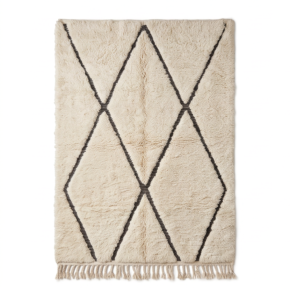 Petit tapis Béni Ouarain écru à grands losanges noirs 110 x 160 cm, vue principale