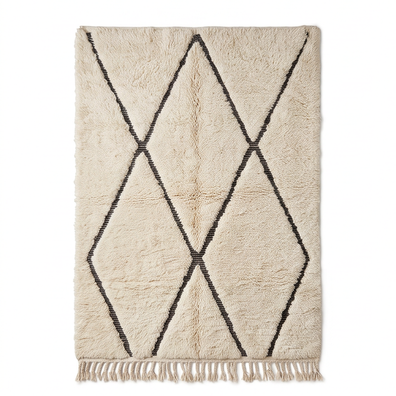 Petit tapis Béni Ouarain écru à grands losanges noirs 110 x 160 cm, vue principale