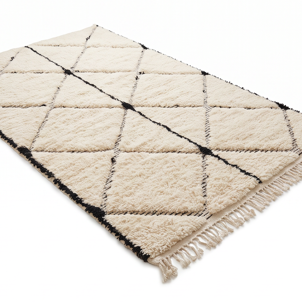 Tapis Béni Ouarain écru à quadrillage noir, vue rapprochée