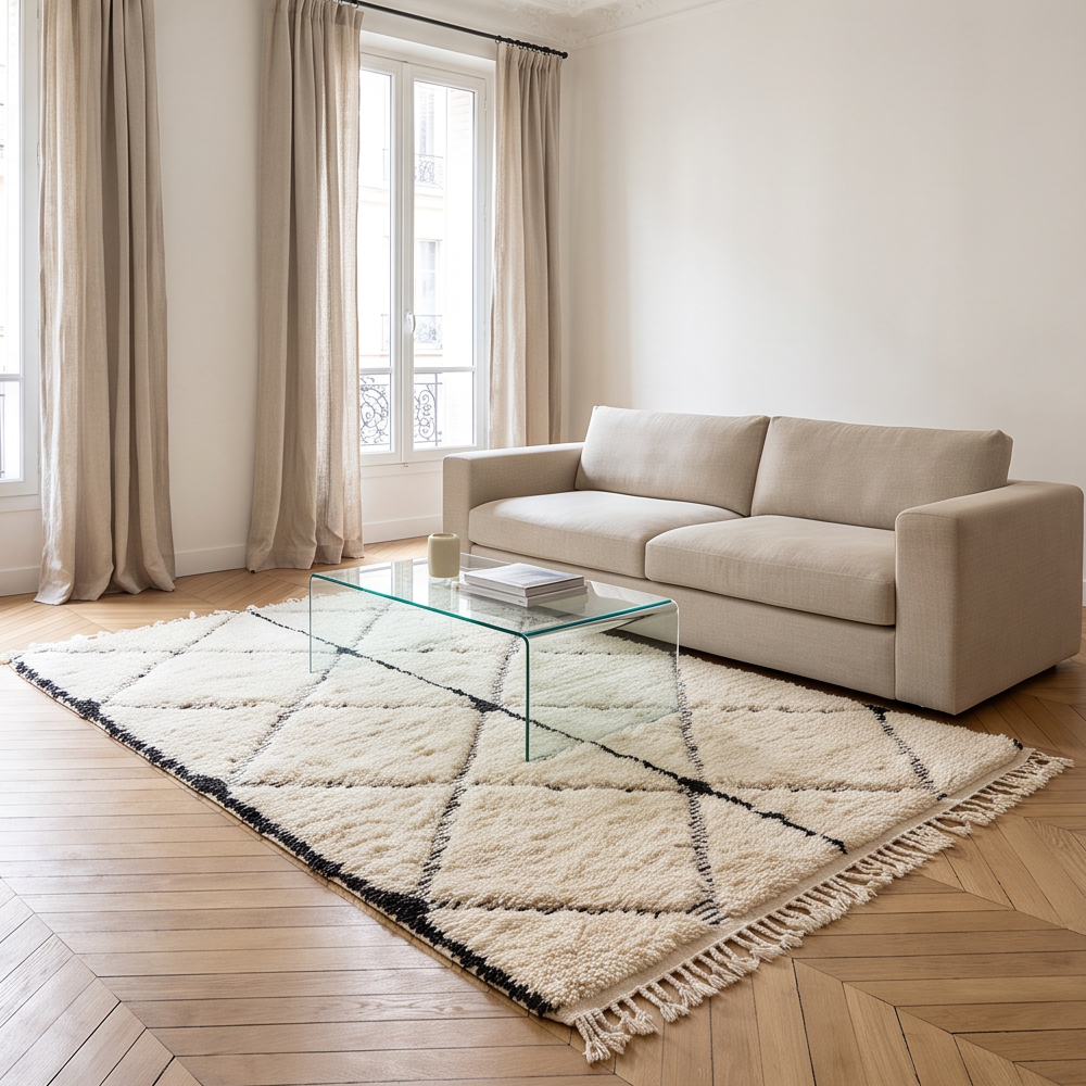 Petit tapis Béni Ouarain noir et écru dans un salon