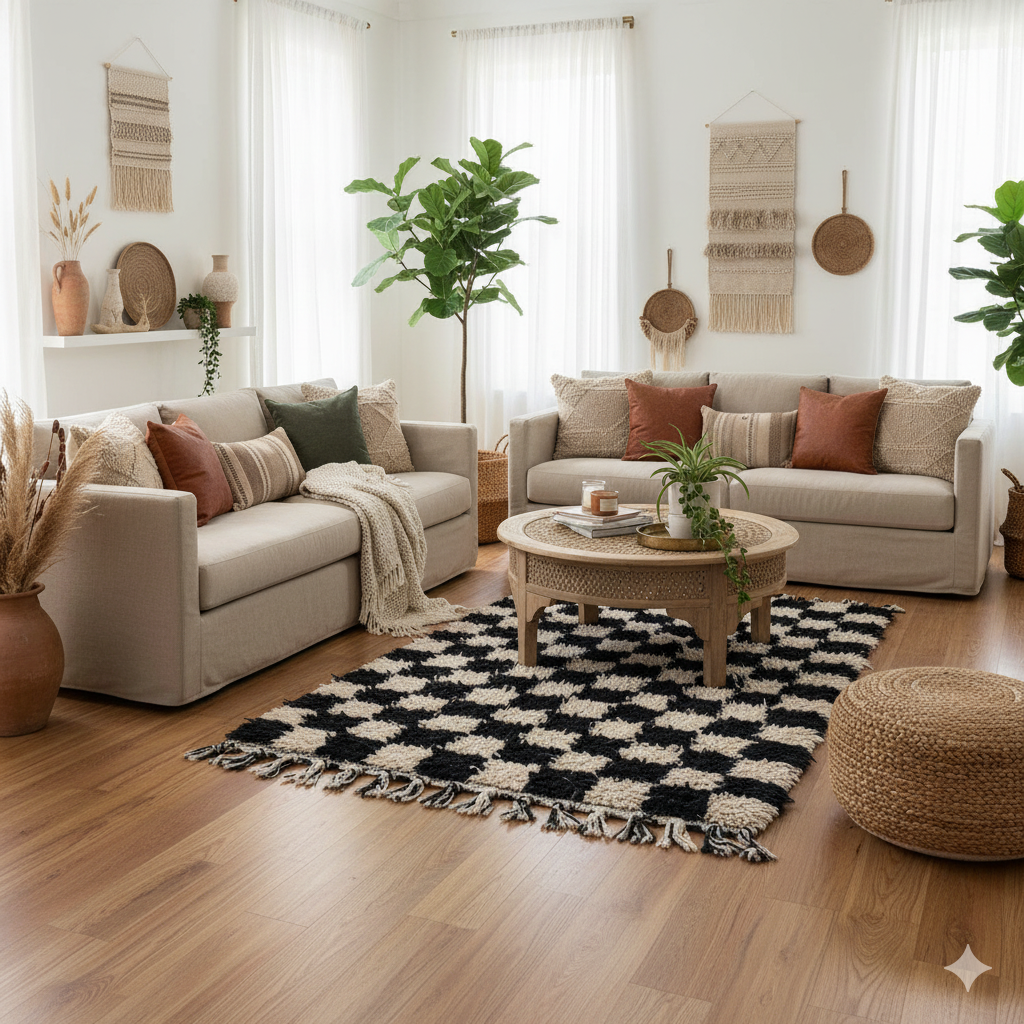 Petit tapis berbère carreaux noirs - MAZIR Décoration
