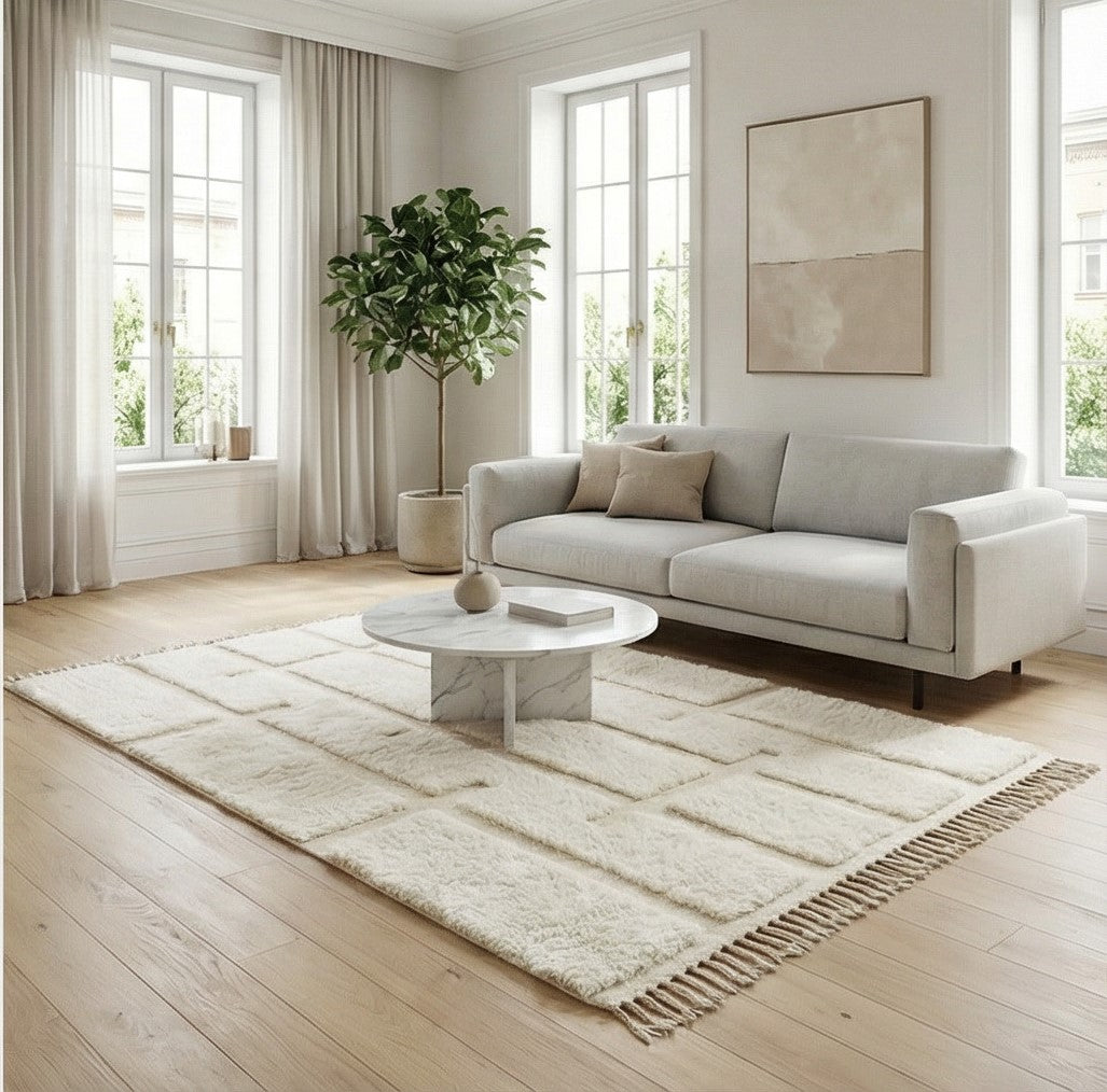 Tapis berbère à motif graphique blanc, avec des franges décoratives.
