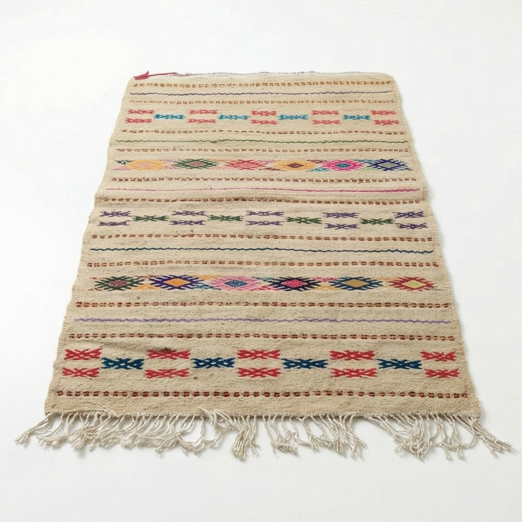Petit tapis kilim beige, bohème, à rayures multicolores, avec des franges.
