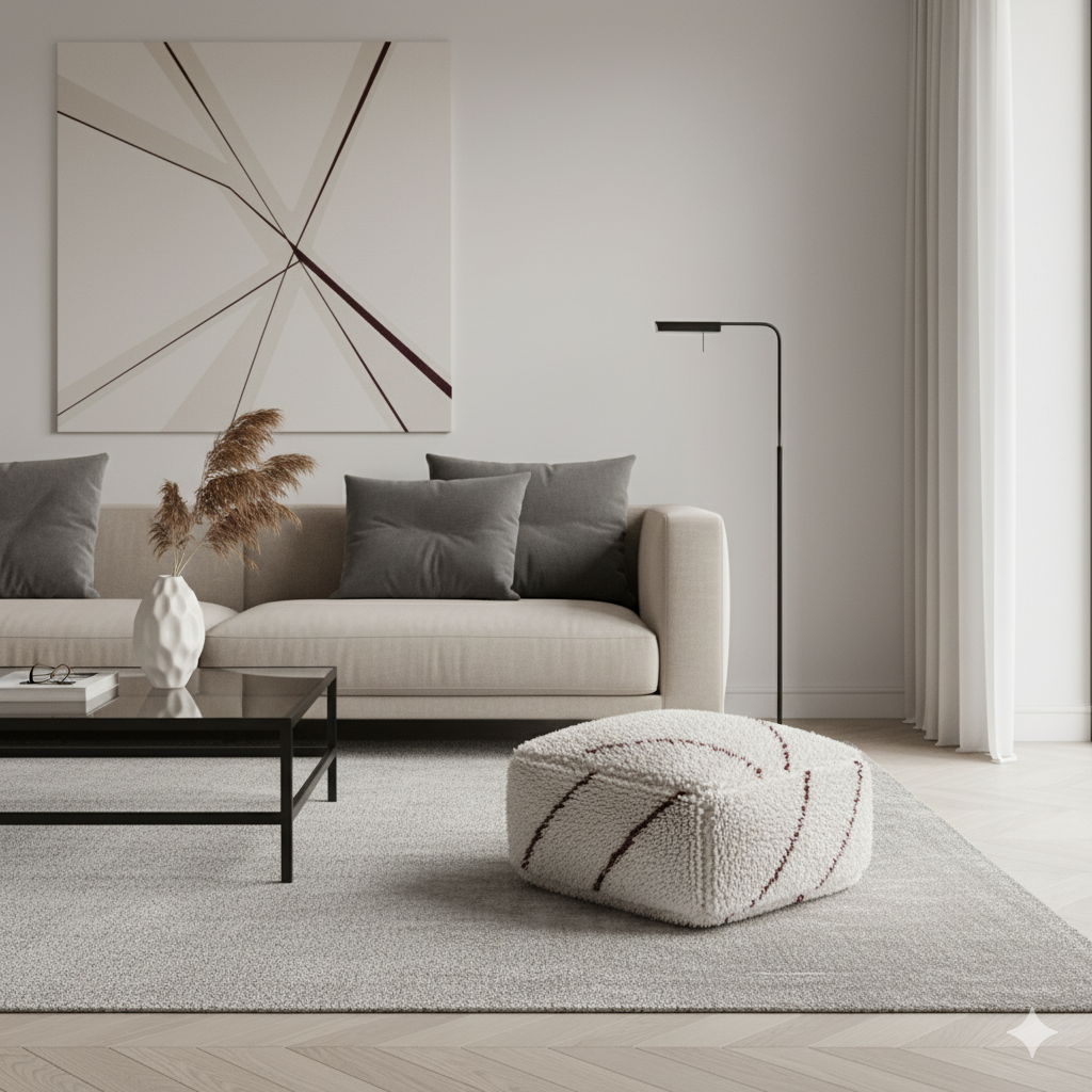 Pouf berbère blanc motifs rouges