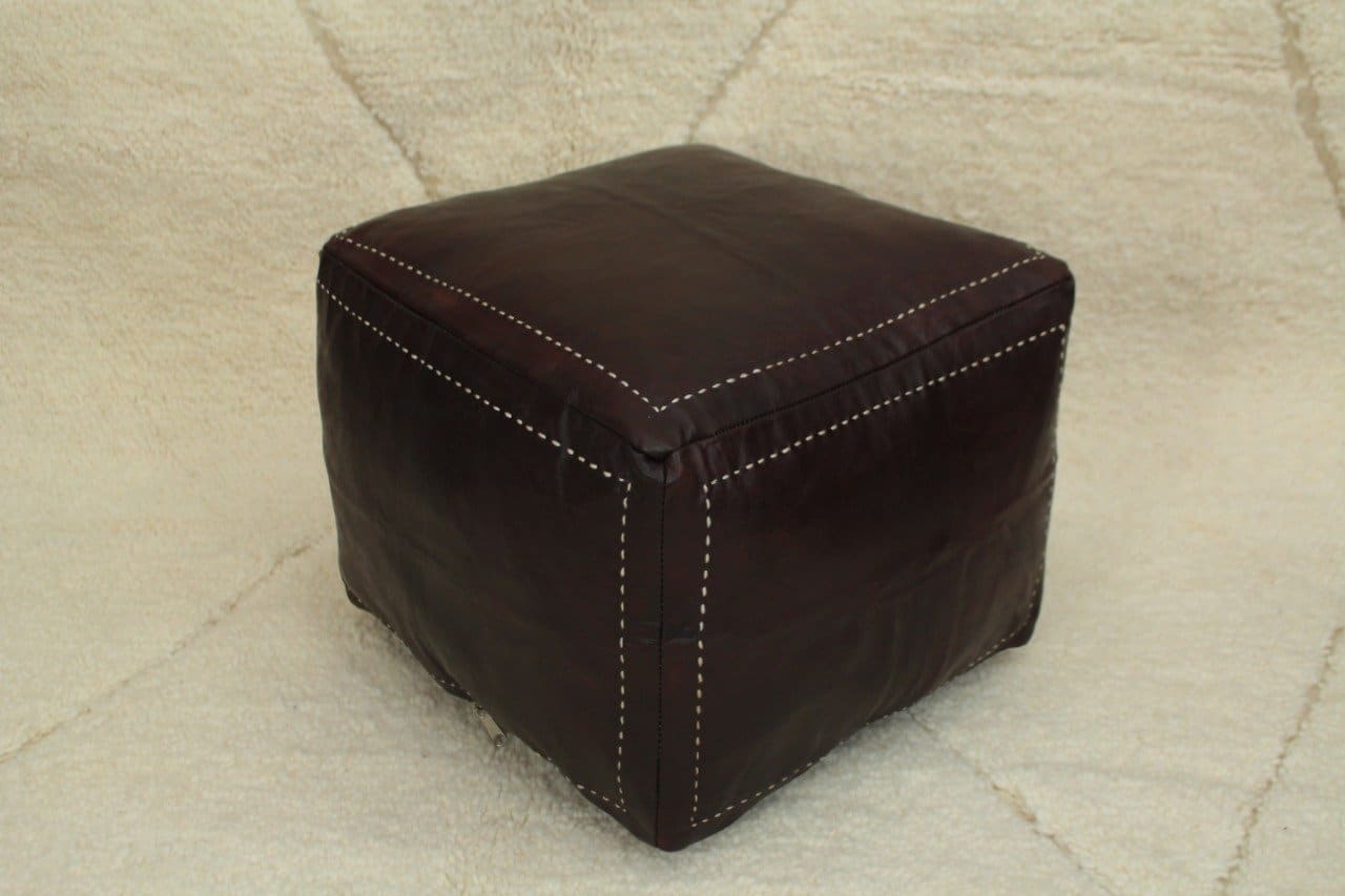 Pouf en cuir Carré Marocain - Marron foncé - Pouf