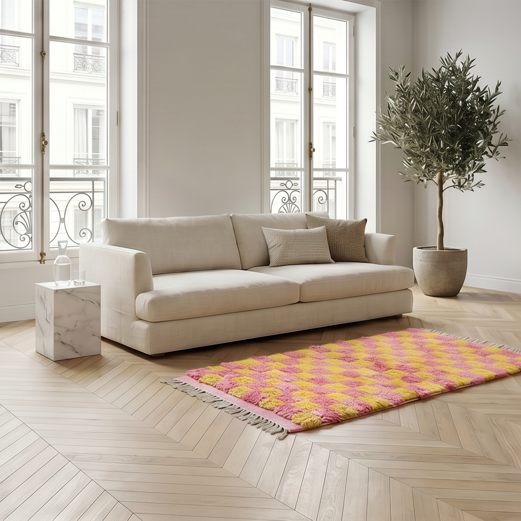 Petit tapis berbère damier rose et jaune