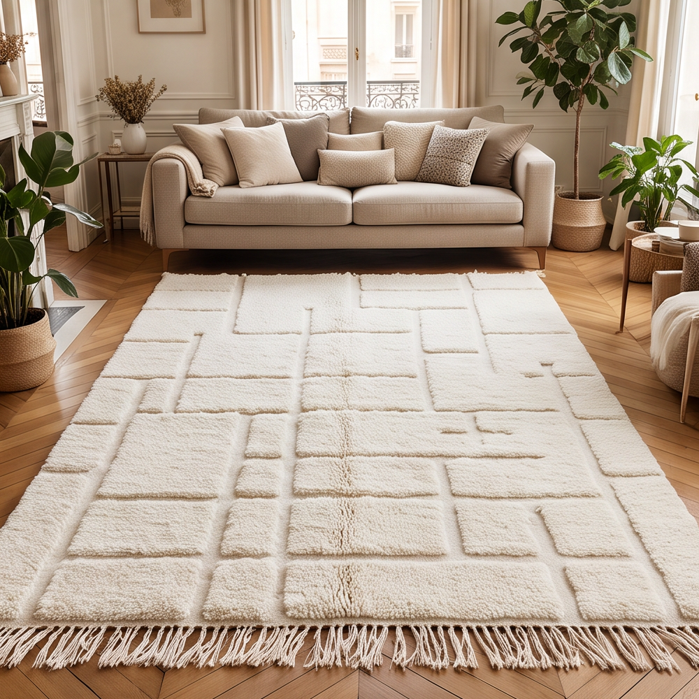 Tapis Béni Ouarain à quadrillage géométrique écru disposé dans un salon