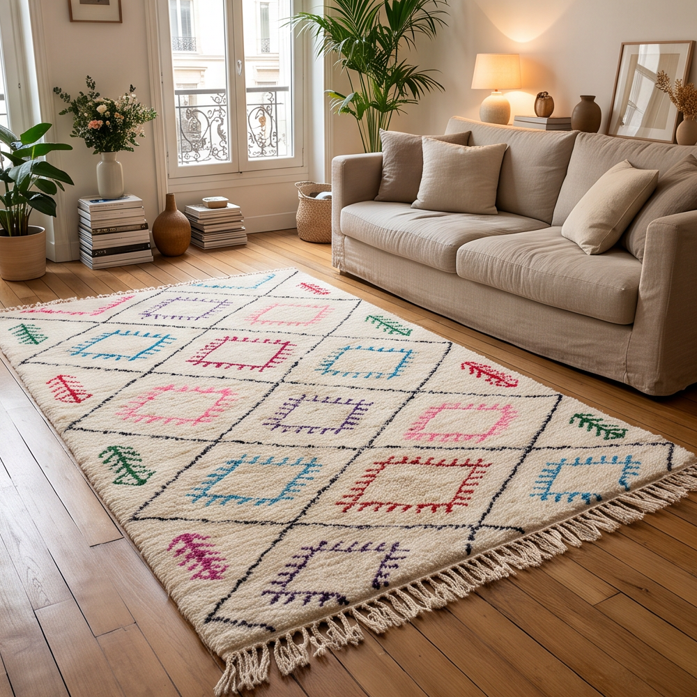 Tapis Béni Ouarain à losanges multicolores disposé dans un salon
