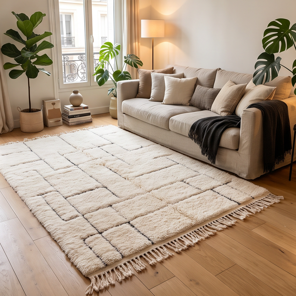 Tapis Béni Ouarain à lignes géométriques grises disposé dans un salon