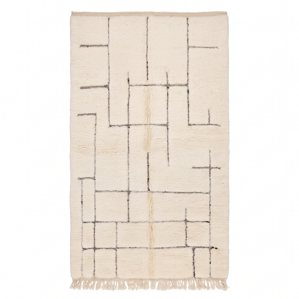Vue de dessus du tapis Béni Ouarain à lignes géométriques grises