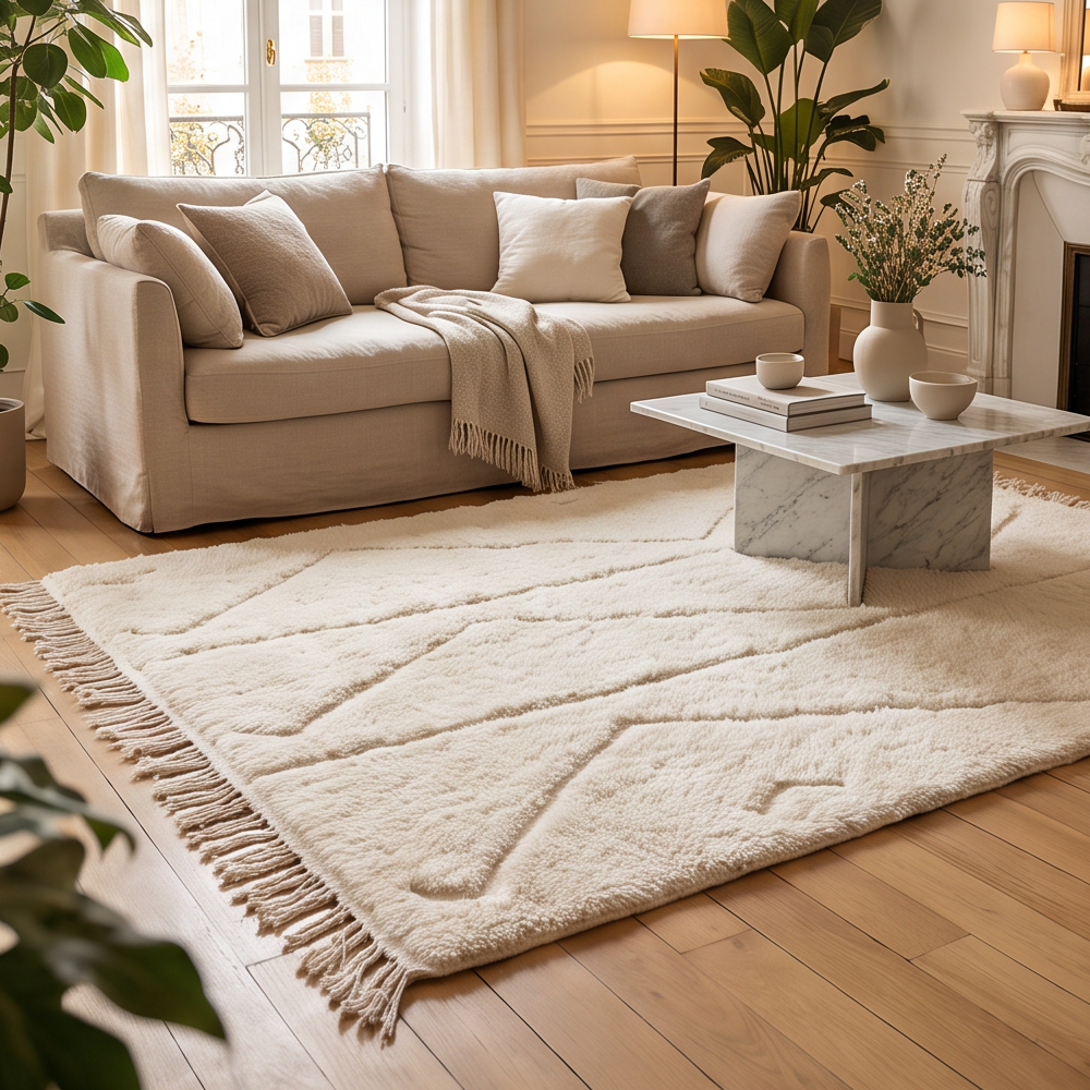 Tapis Béni Ouarain à chevrons en relief ton sur ton disposé dans un salon