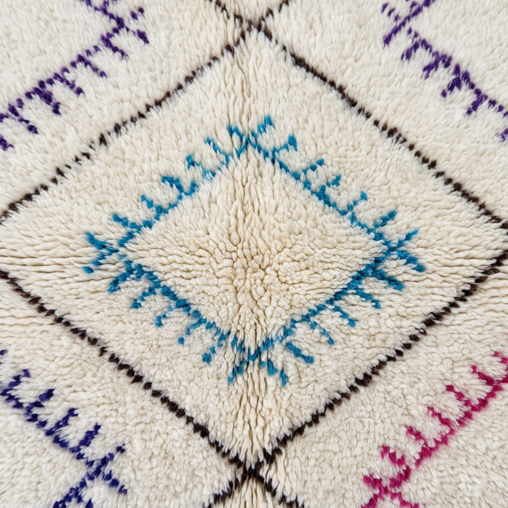Gros plan sur la laine et le motif losanges multicolores sur lignes noires du tapis Béni Ouarain
